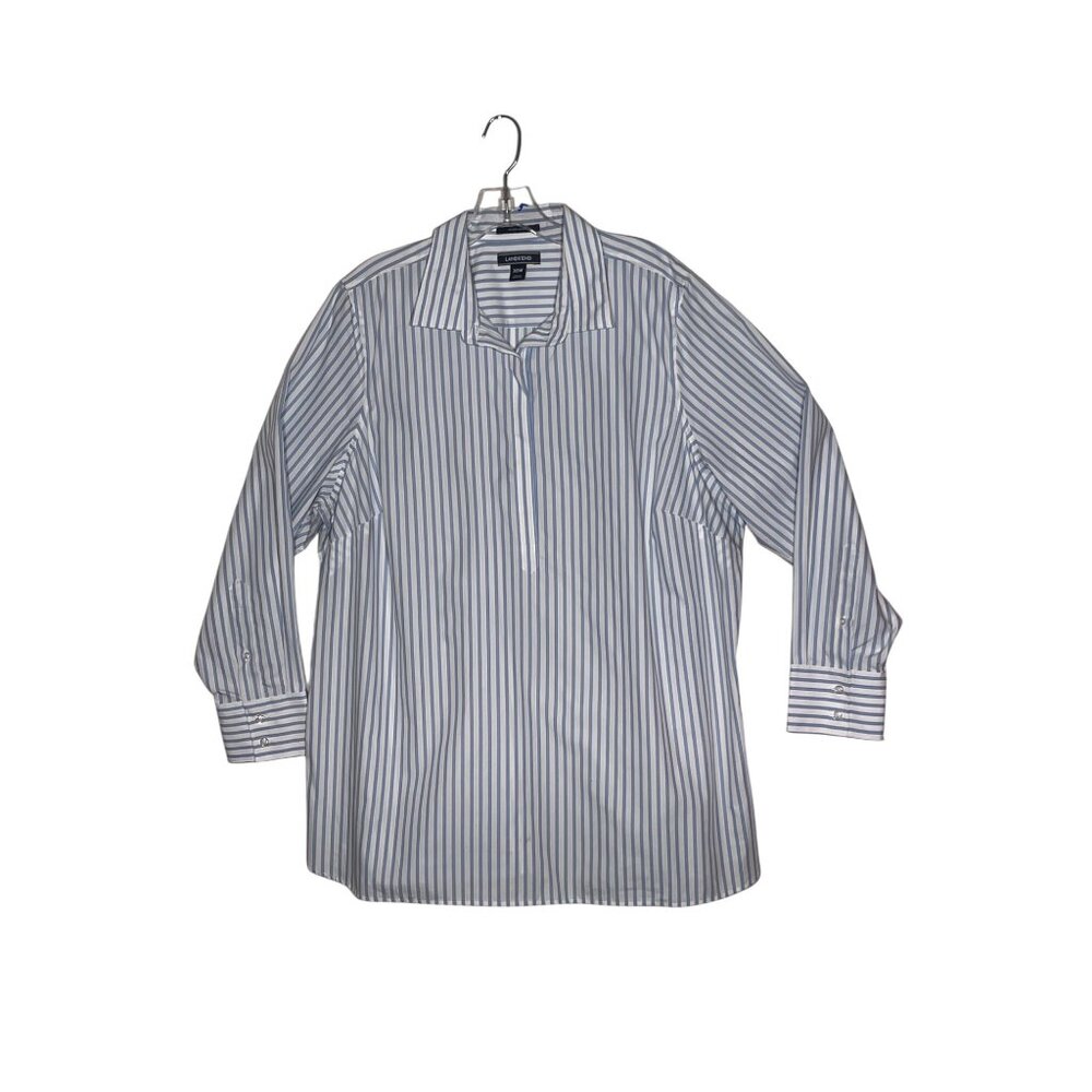 Lands End Women No Iron Supima Cotton Striped Shirt 20W Long Sleeve Blue  White